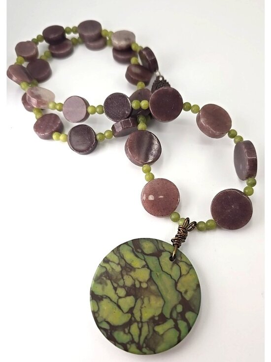 Unbranded Jewelry - Artisan Natural Stone Statement Necklace Purple Green Beaded Pendant Boho Earthy